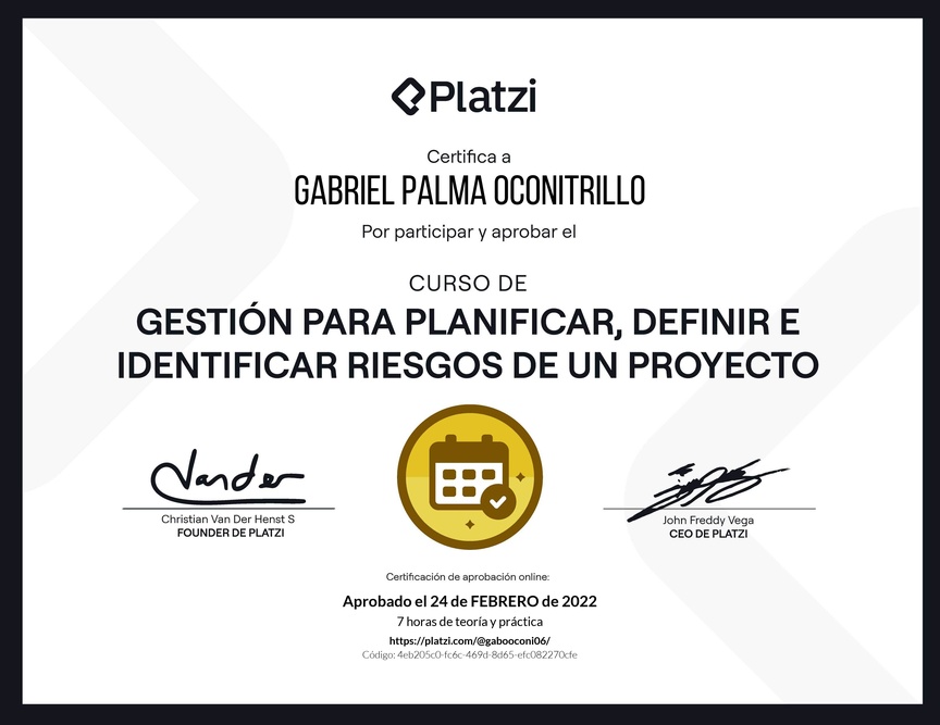 Diploma del Curso de Gestión para Planificar, Definir e Identificar Riesgos de un Proyecto