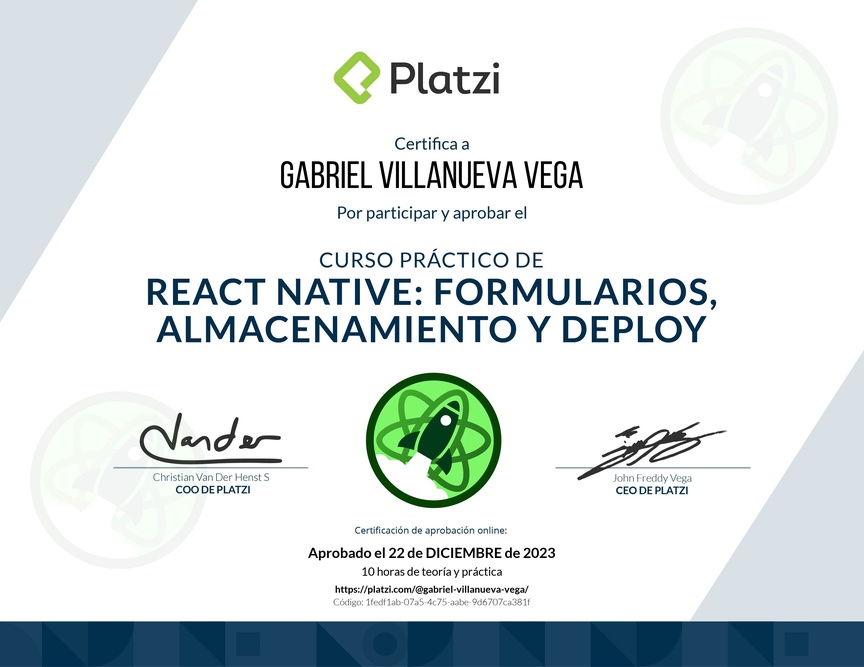Diploma del Curso de React Native: Formularios, Almacenamiento y Deploy