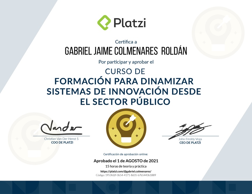 Diploma del Curso de Formación para Dinamizar Sistemas de Innovación desde el Sector Público
