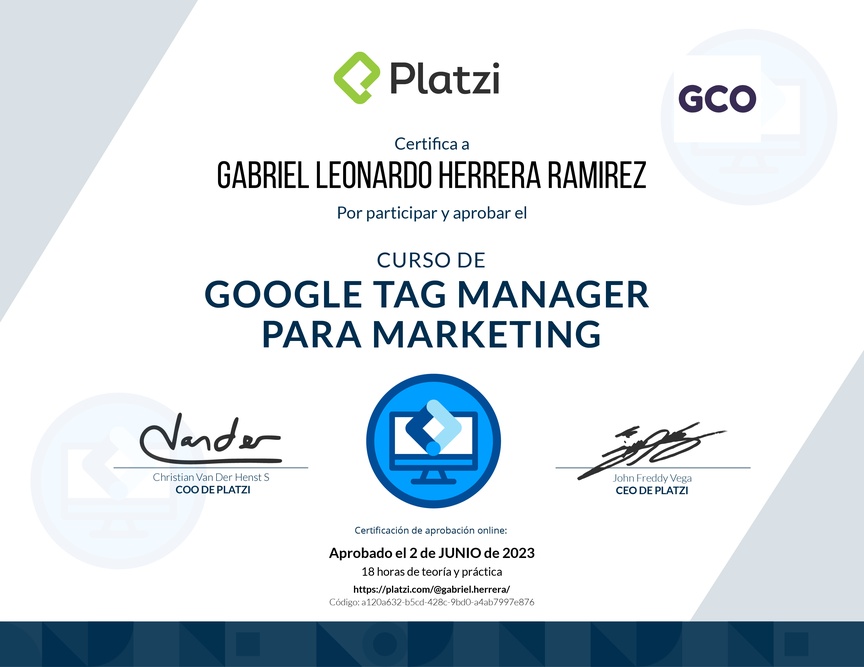 Diploma del Curso de Google Tag Manager para Marketing