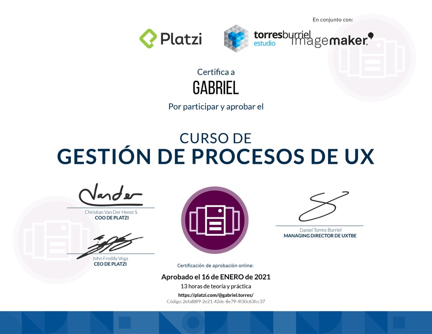 Diploma del Curso de Gestión de Procesos UX