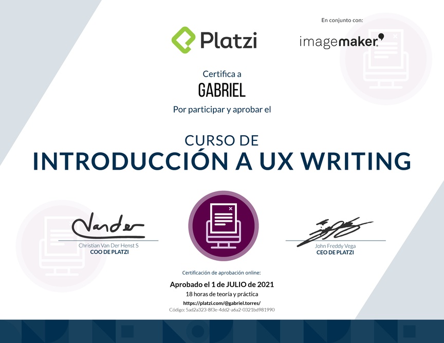 Diploma del Curso de UX Writing básico