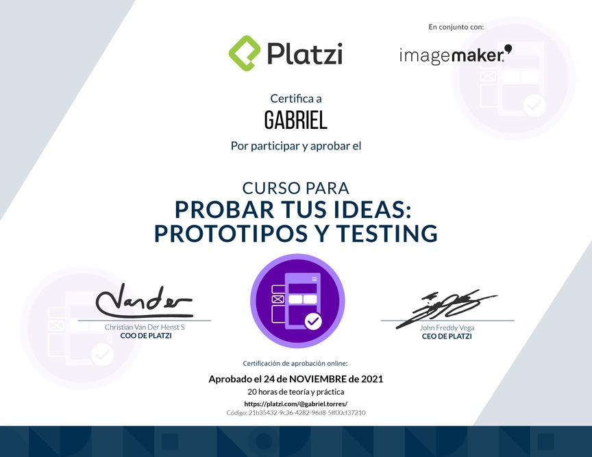 Diploma del Curso de validación de Ideas: Prototipos y Testing Exitosos