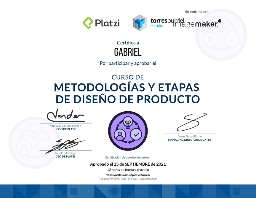Diploma del Curso de Metodologías de Diseño de Productos Digitales