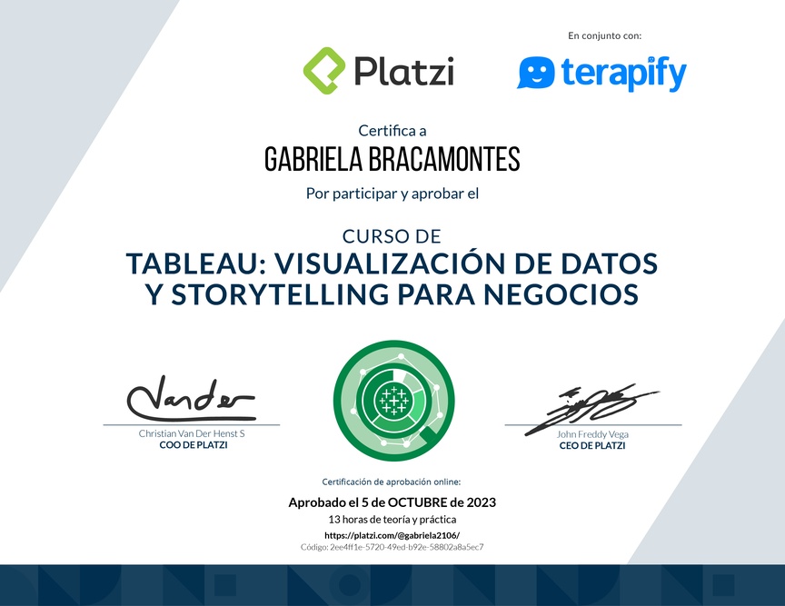 Diploma del Curso de Tableau: Visualización de Datos y Storytelling para Negocios