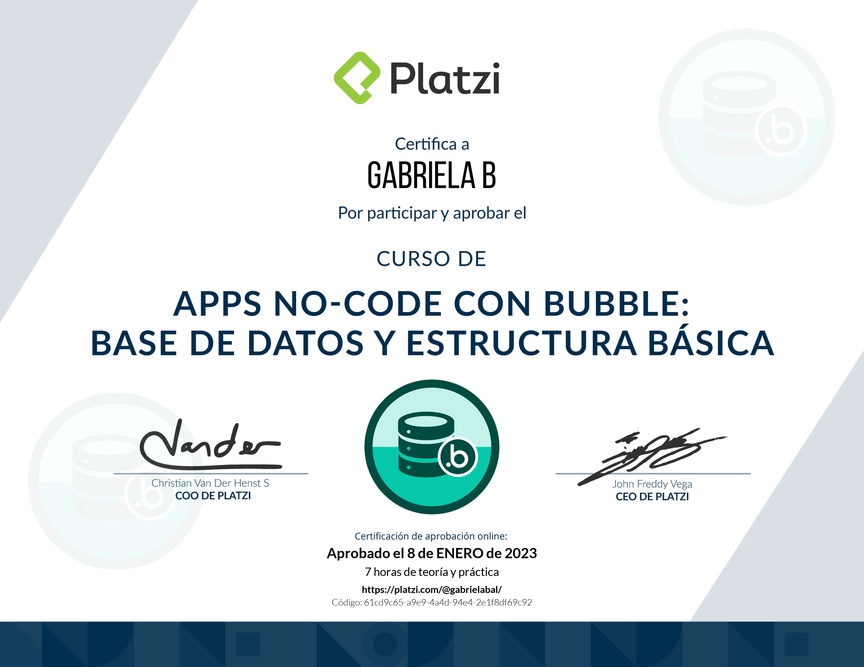 Diploma del Curso de Apps No-code con Bubble: Base de Datos y Estructura Básica