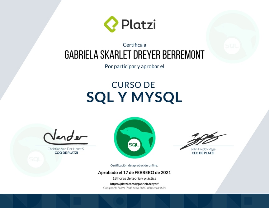 Diploma del Curso de SQL y MySQL 2018