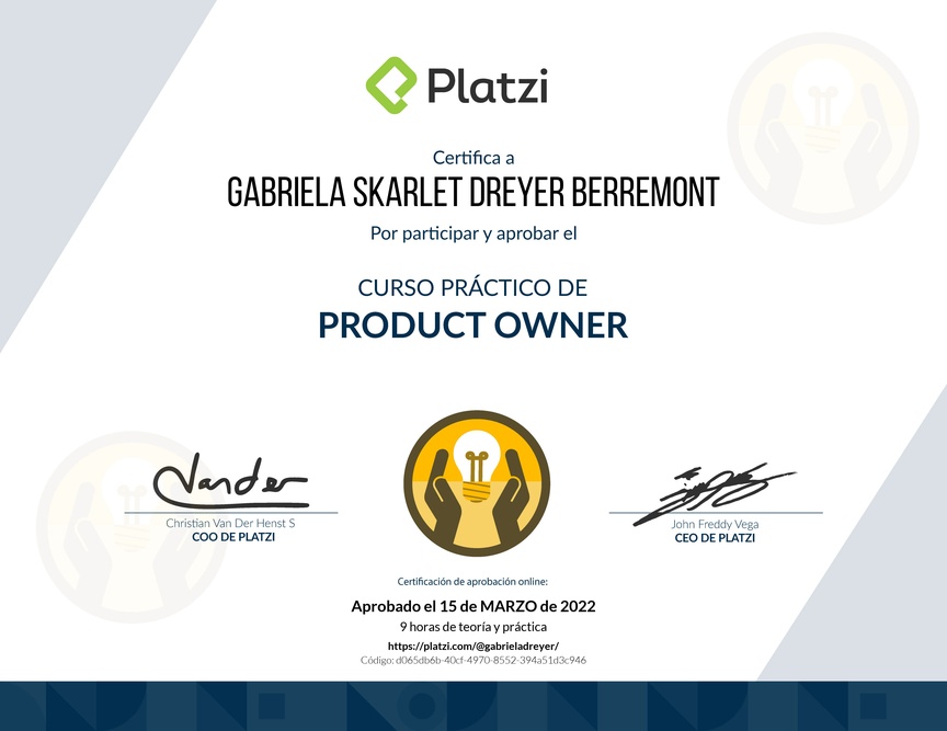 Diploma del Curso de Herramientas y Frameworks Intermedias para Product Owners