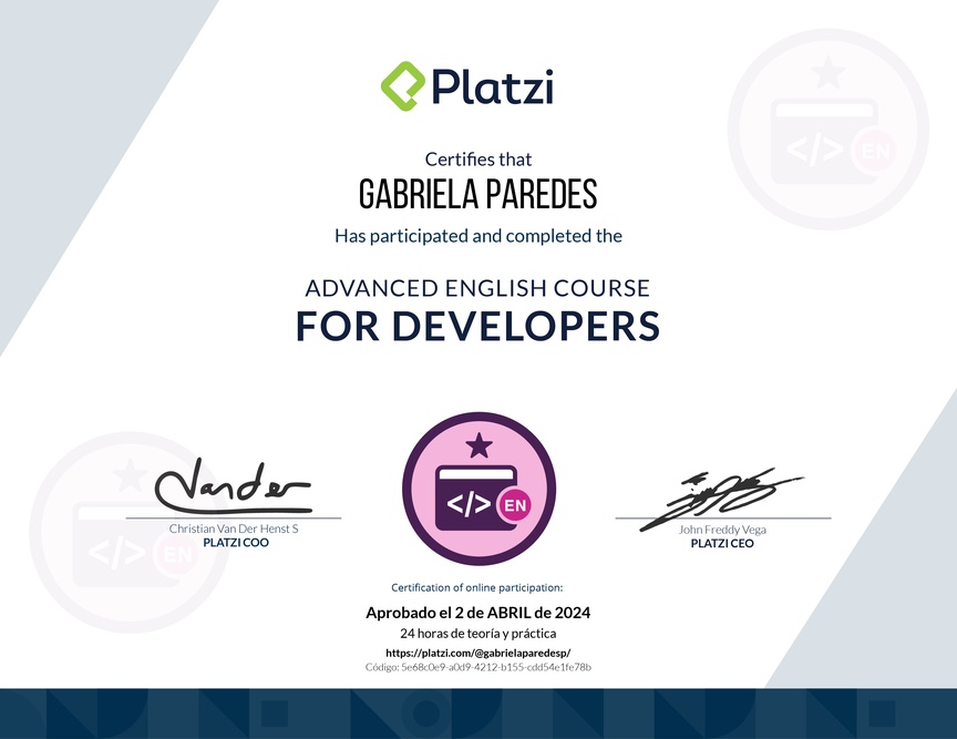 Diploma del Curso para Developers en Inglés (2020)