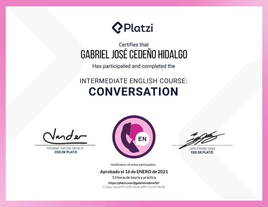 Diploma del Curso de Inglés Intermedio: Conversación 2020
