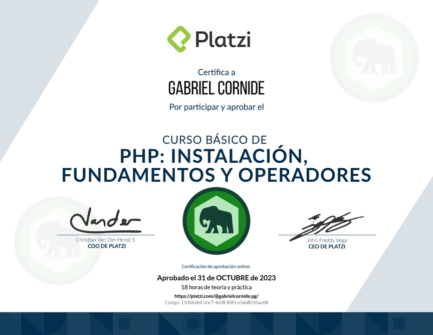 Diploma del Curso Básico de PHP: Instalación, Fundamentos y Operadores