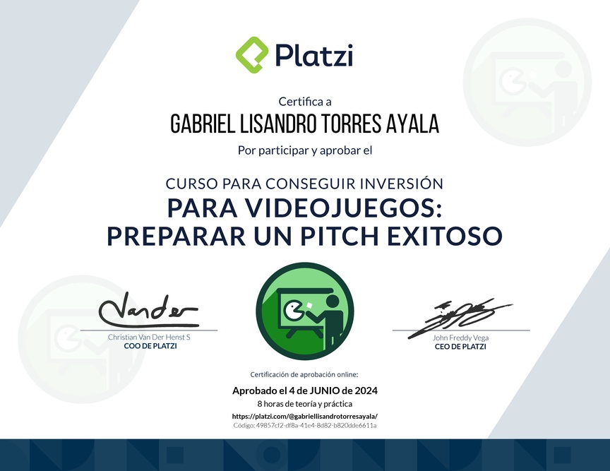 Diploma del Curso para Conseguir Inversión para Videojuegos: Preparar un Pitch Exitoso