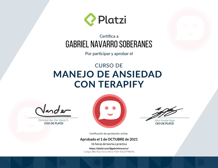 Diploma del Curso de Manejo de Ansiedad con Terapify