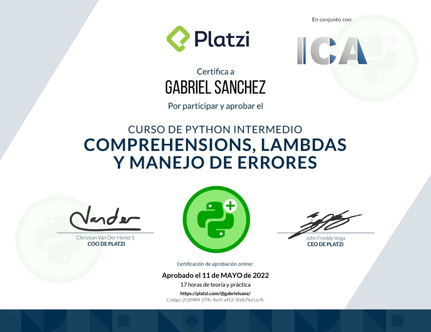 Diploma del Curso de Python Intermedio: Comprehensions, Lambdas y Manejo de Errores