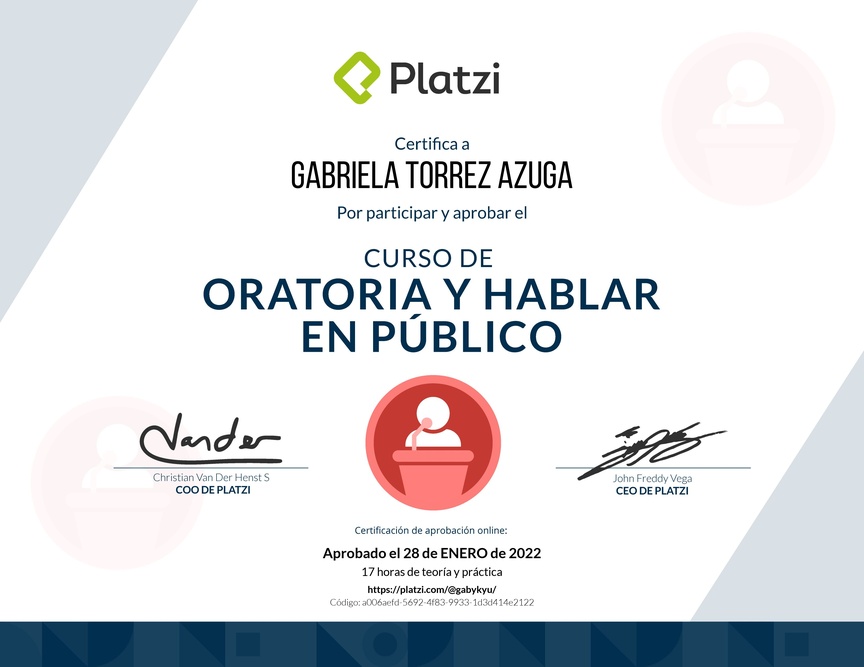Diploma del Curso de Oratoria para Hablar en Público