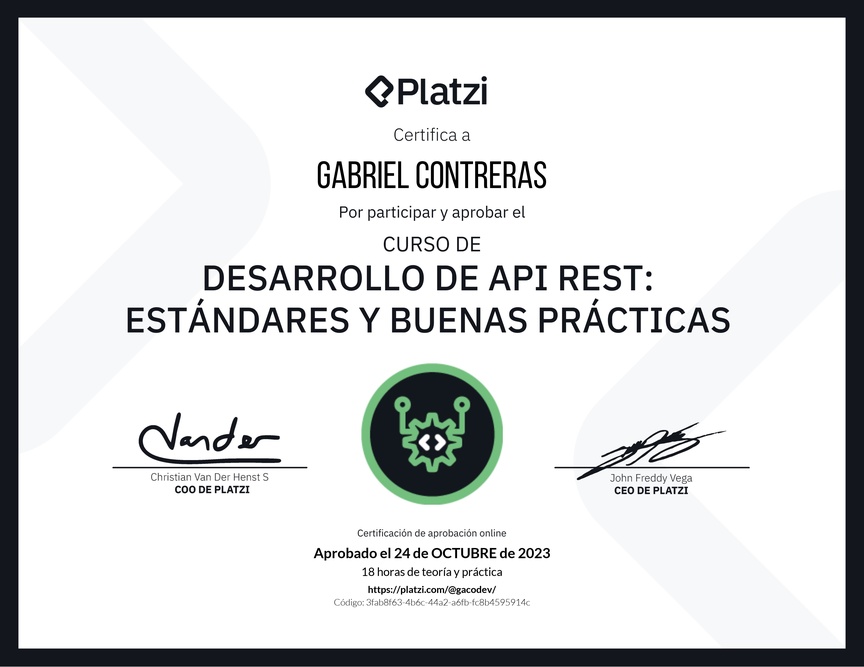 Diploma del Curso de Estándares y Buenas Prácticas para API REST con Laravel