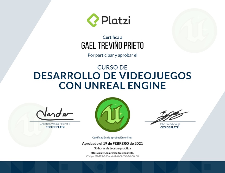 Diploma del Curso de Desarrollo de Videojuegos con Unreal Engine 2017