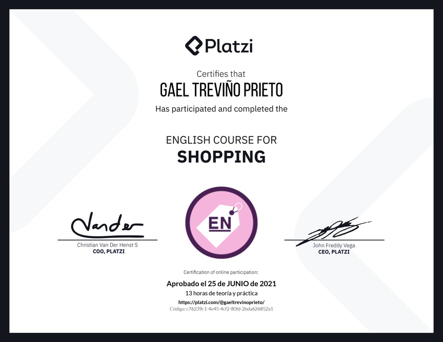 Diploma del Curso de Inglés para Compras (2020)
