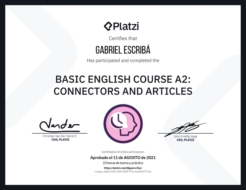 Diploma del Curso de Inglés Básico A2: Conectores y Artículos