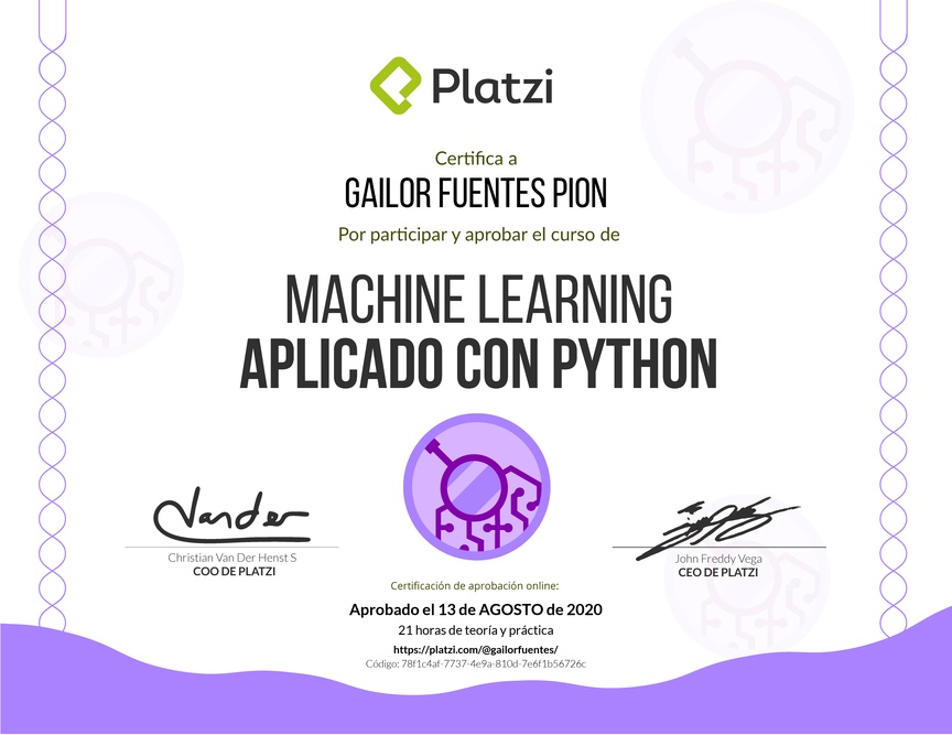 Diploma del Curso de Machine Learning Aplicado con Python