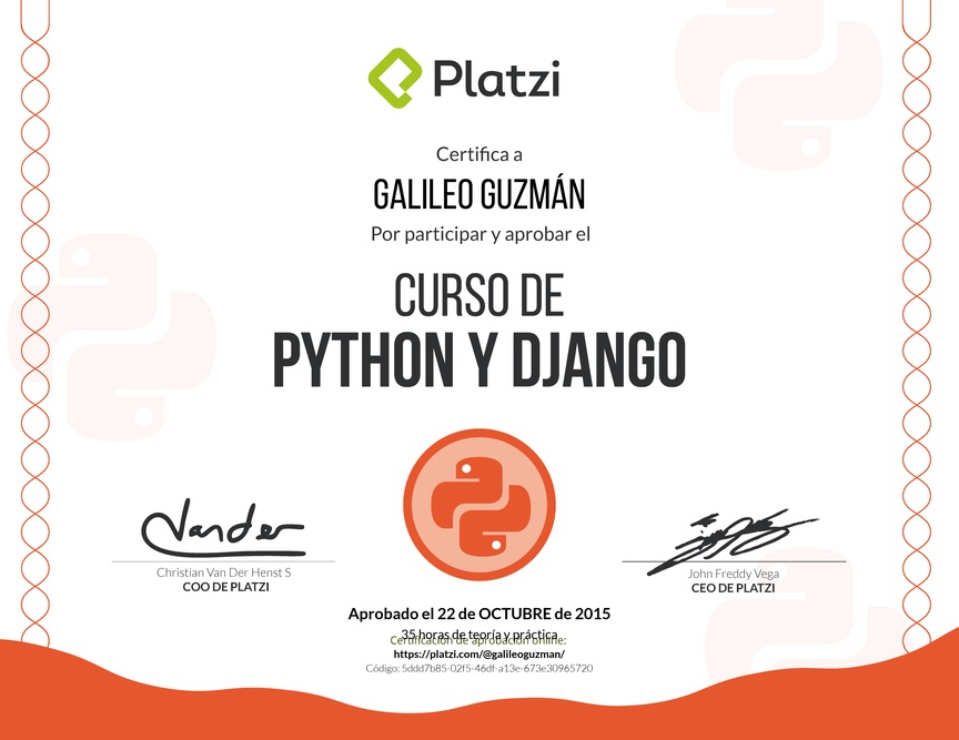 Diploma del Curso de Python y Django 2015