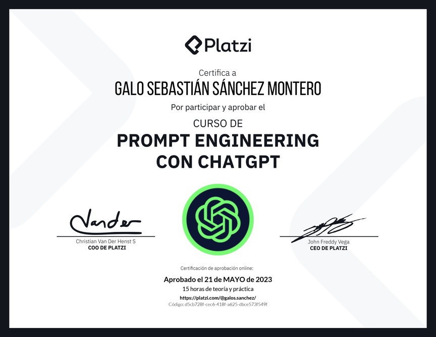 Diploma del Curso de Prompt Engineering con ChatGPT
