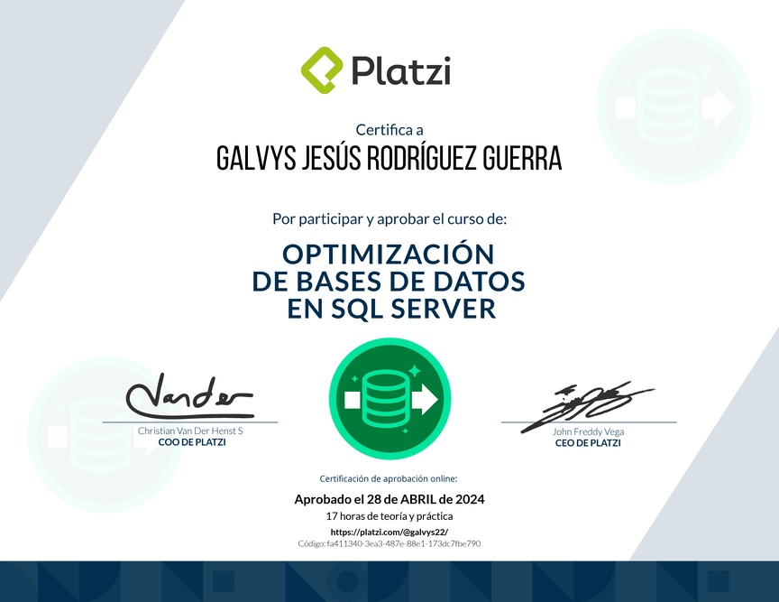 Diploma del Curso de Optimización de Bases de Datos en SQL Server