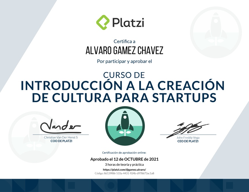 Diploma del Curso de Introducción a la Creación de Cultura para Startups