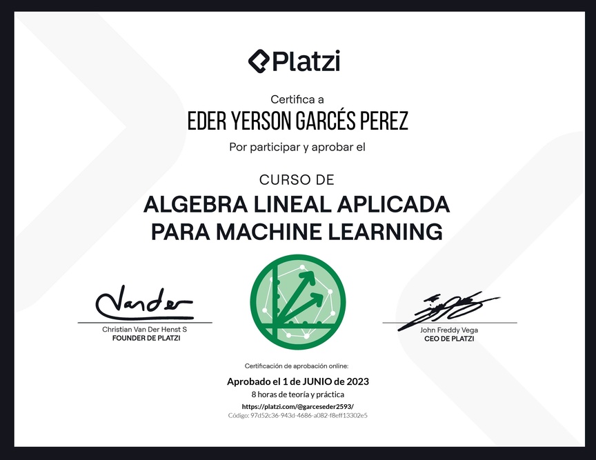 Diploma del Curso de Álgebra Lineal Aplicada para Machine Learning