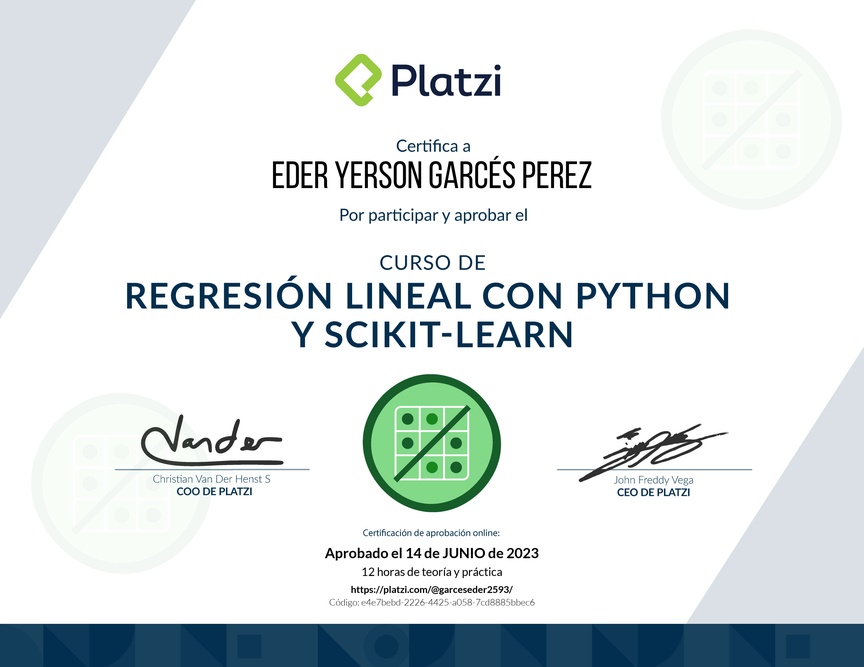Diploma del Curso de Regresión Lineal con Python y scikit-learn