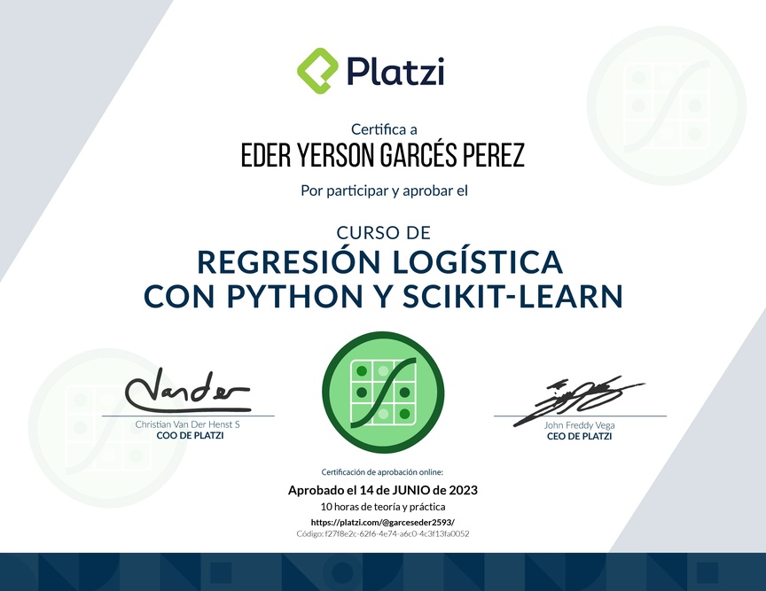 Diploma del Curso de Regresión Logística con Python y scikit-learn