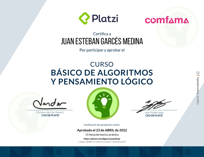 Diploma del Curso Básico de Algoritmos y Pensamiento Lógico
