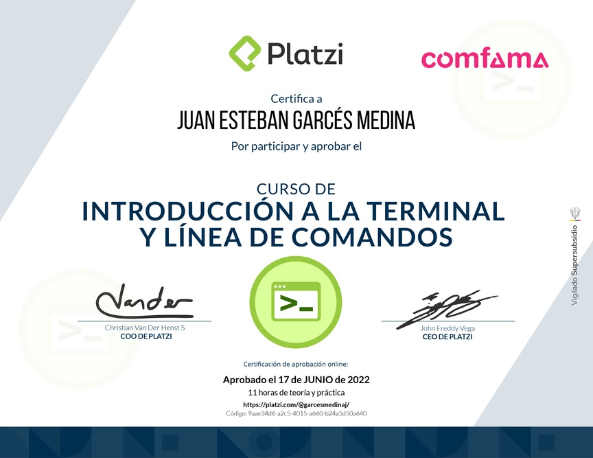 Diploma del Curso de Introducción a la Terminal y Línea de Comandos
