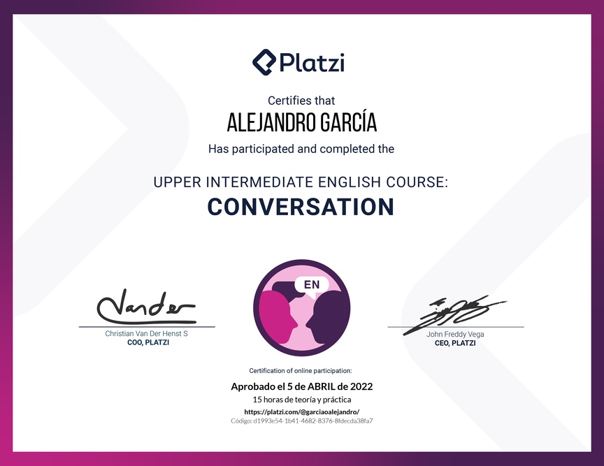 Diploma del Curso de Inglés Intermedio Alto: Conversación 2020