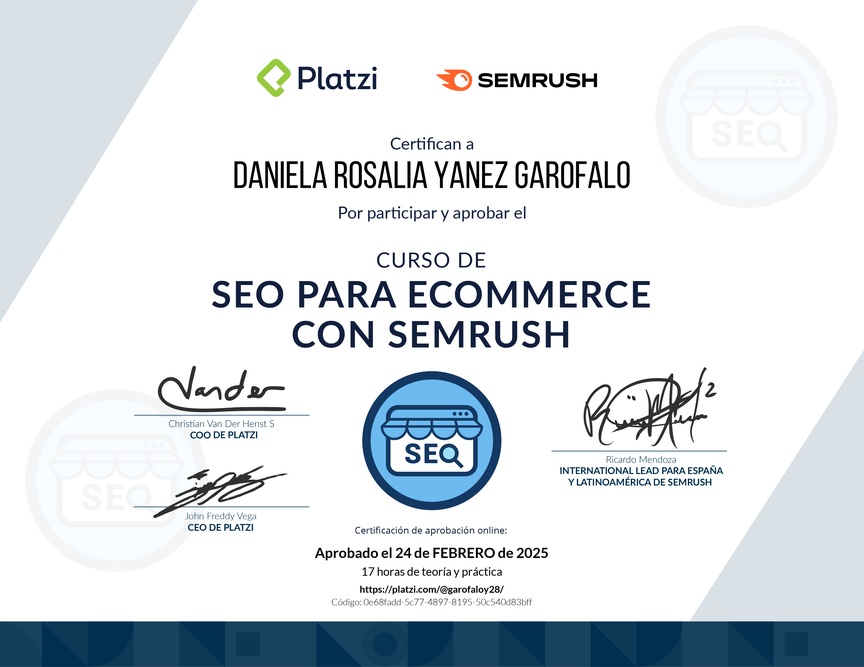 Diploma del Curso de SEO para E-Commerce con Semrush