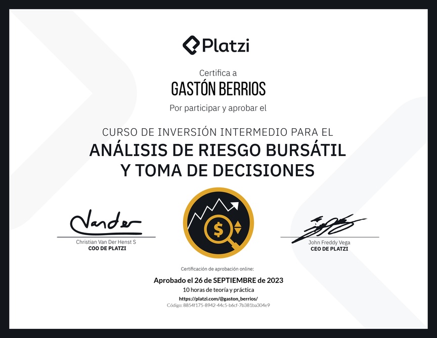Diploma del Curso de Inversión Intermedio para el Análisis de Riesgo Bursátil y Toma de Decisiones