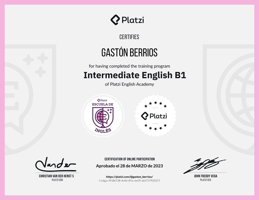 Diploma de la Ruta de Aprendizaje de Inglés Intermedio B1