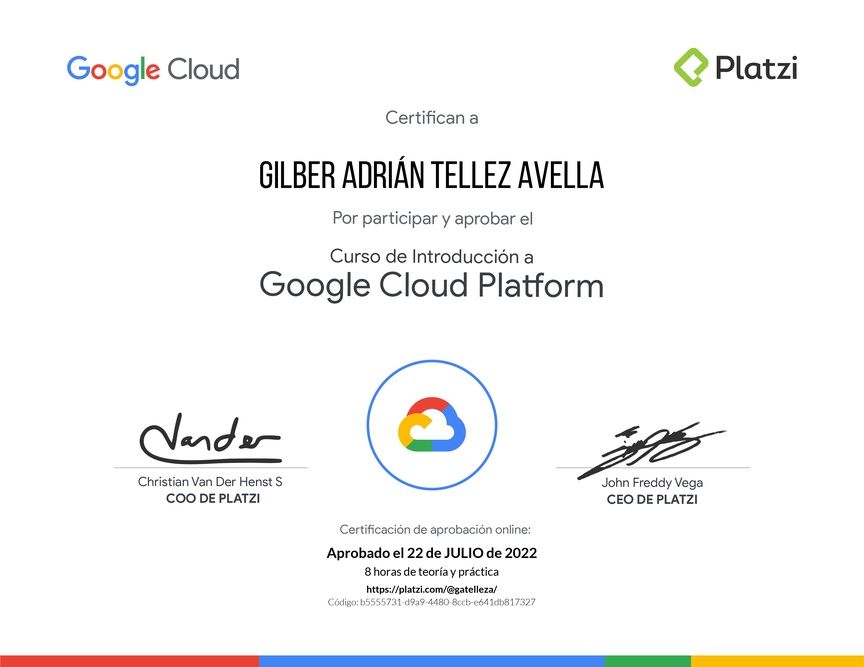 Diploma del Curso de Introducción a Google Cloud Platform