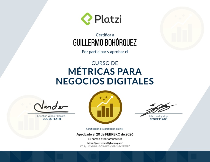 Diploma del Curso de Métricas para Medir el Crecimiento de tu Negocio Digital
