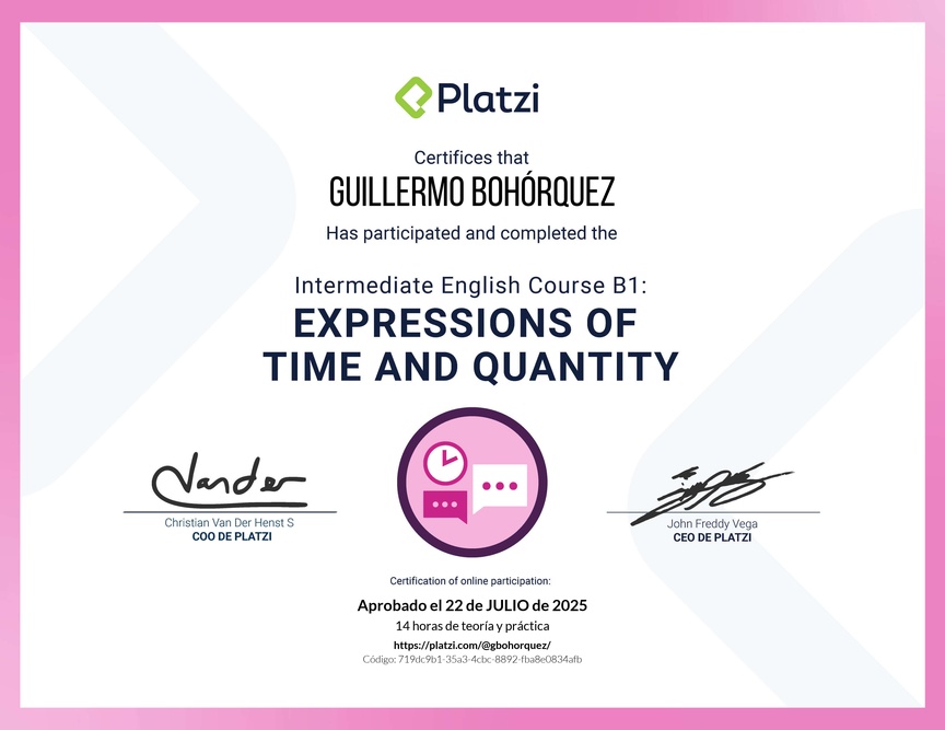 Diploma del Curso de Inglés Intermedio B1: Expresiones de Tiempo y Cantidad