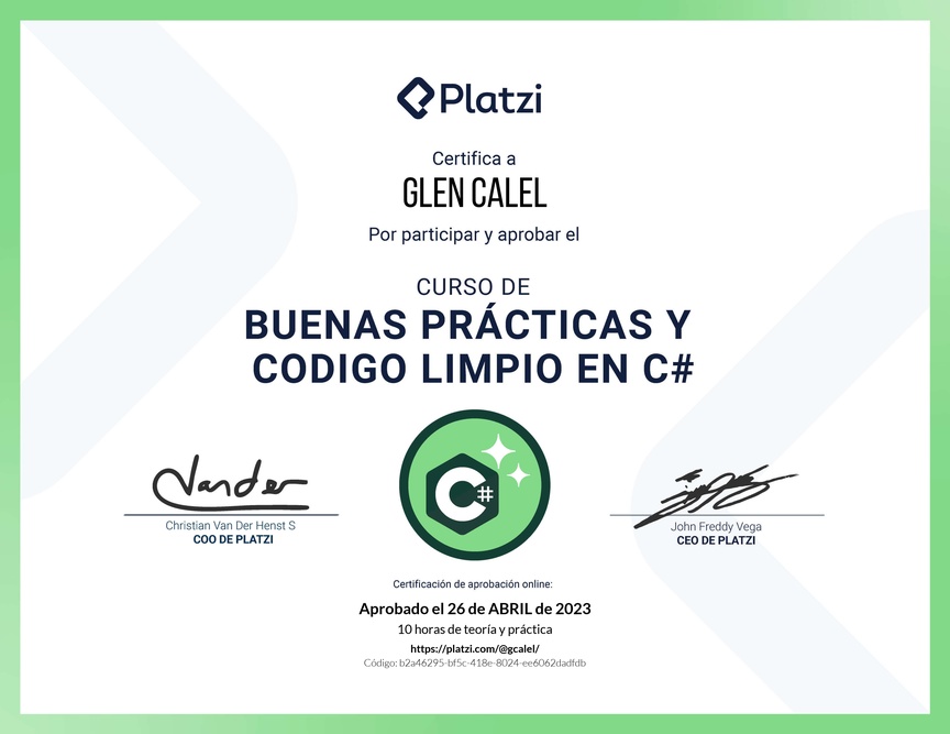 Diploma del Curso de Buenas Prácticas y Código Limpio en C#