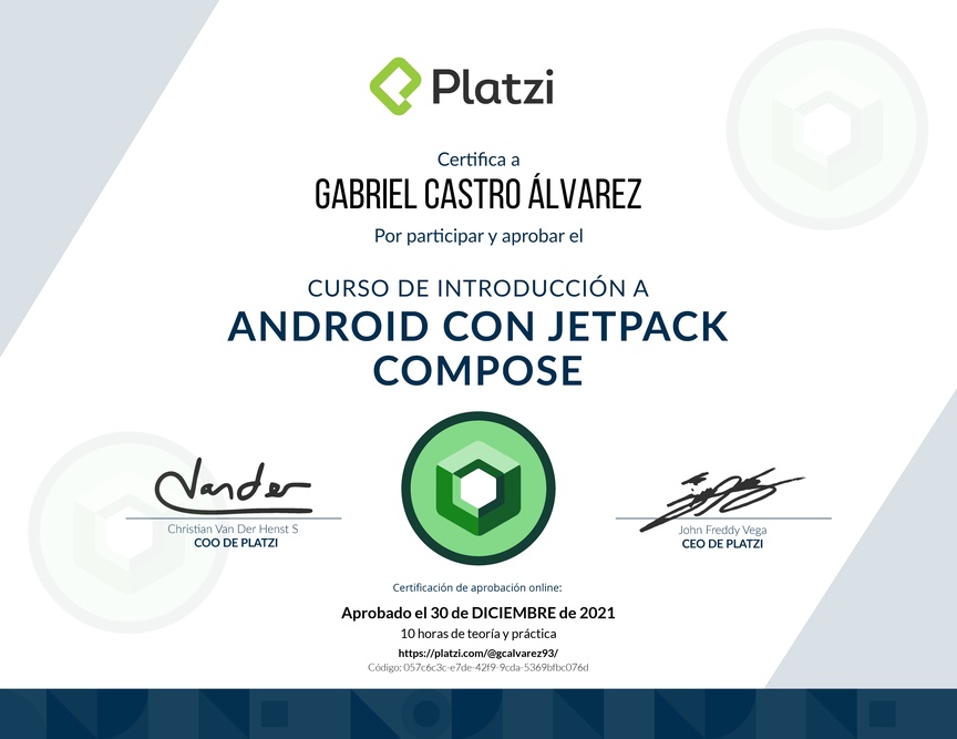 Diploma del Curso de Introducción a Android con Jetpack Compose - 2021