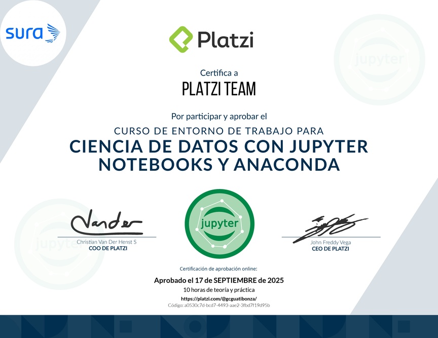 Diploma del Curso de Entorno de Trabajo para Ciencia de Datos con Jupyter Notebooks y Anaconda