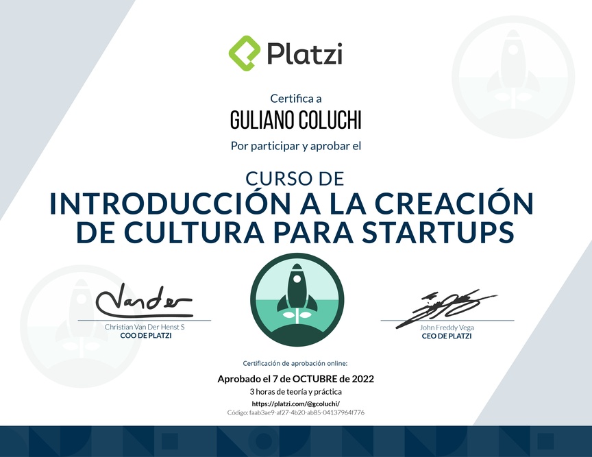 Diploma del Curso de Introducción a la Creación de Cultura para Startups