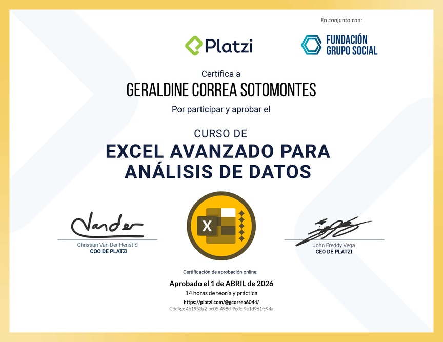 Diploma del Curso de Excel Avanzado para Análisis de Datos