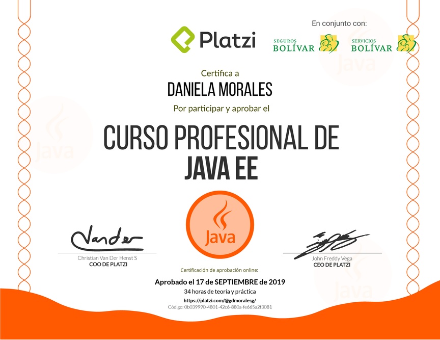 Diploma del Curso Profesional de Java EE 2017