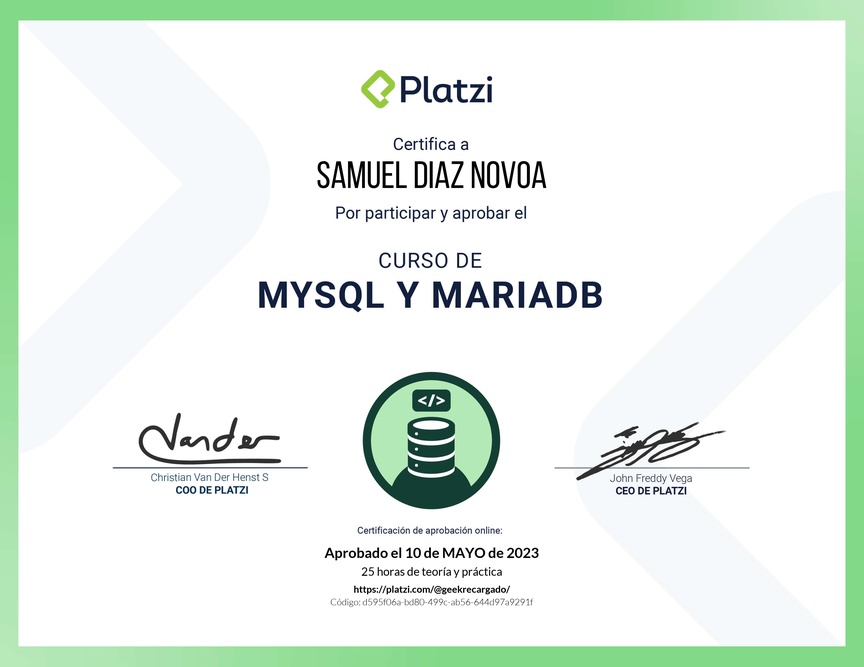 Diploma del Curso de Bases de Datos con MySQL y MariaDB