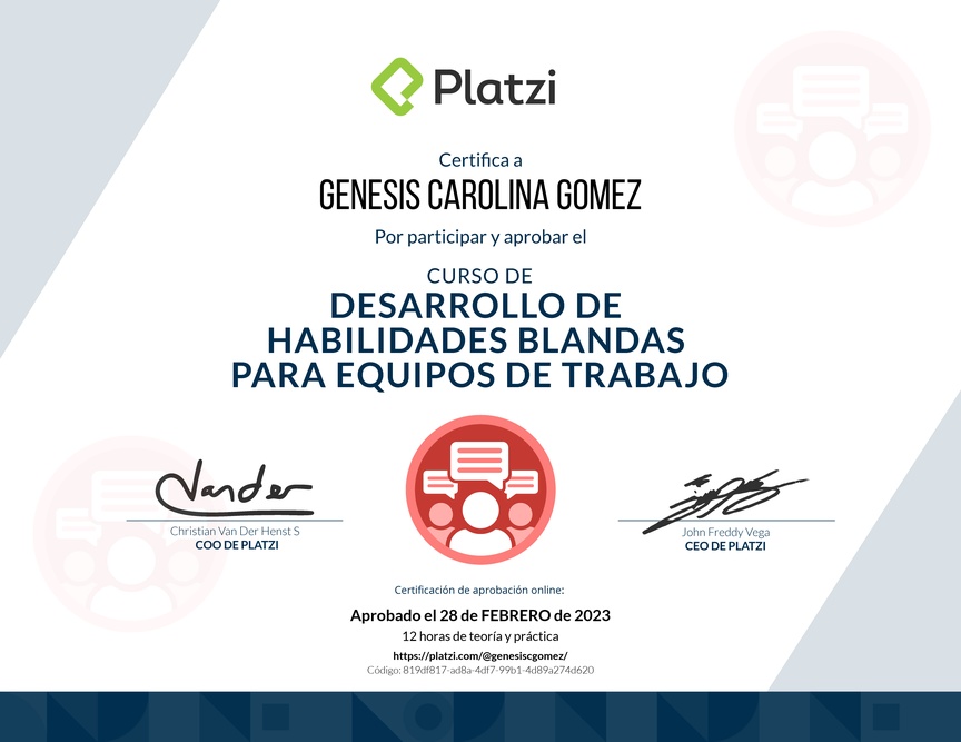 Diploma del Curso de Desarrollo de Habilidades Blandas para Equipos de Trabajo