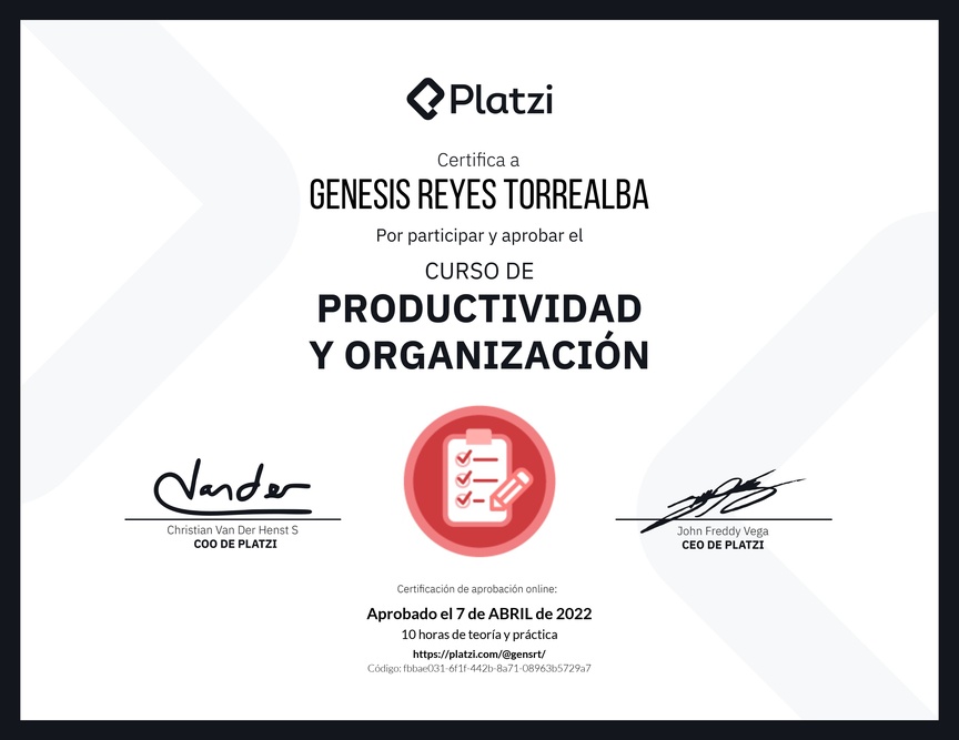 Diploma del Curso de Productividad y Organización