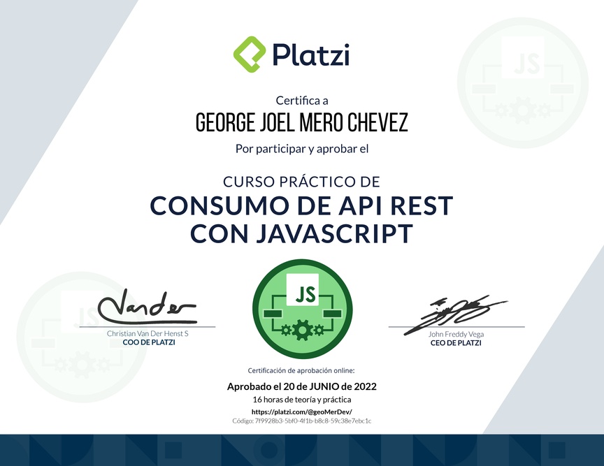 Diploma del Curso de API REST con Javascript: Ejemplos con APIs reales